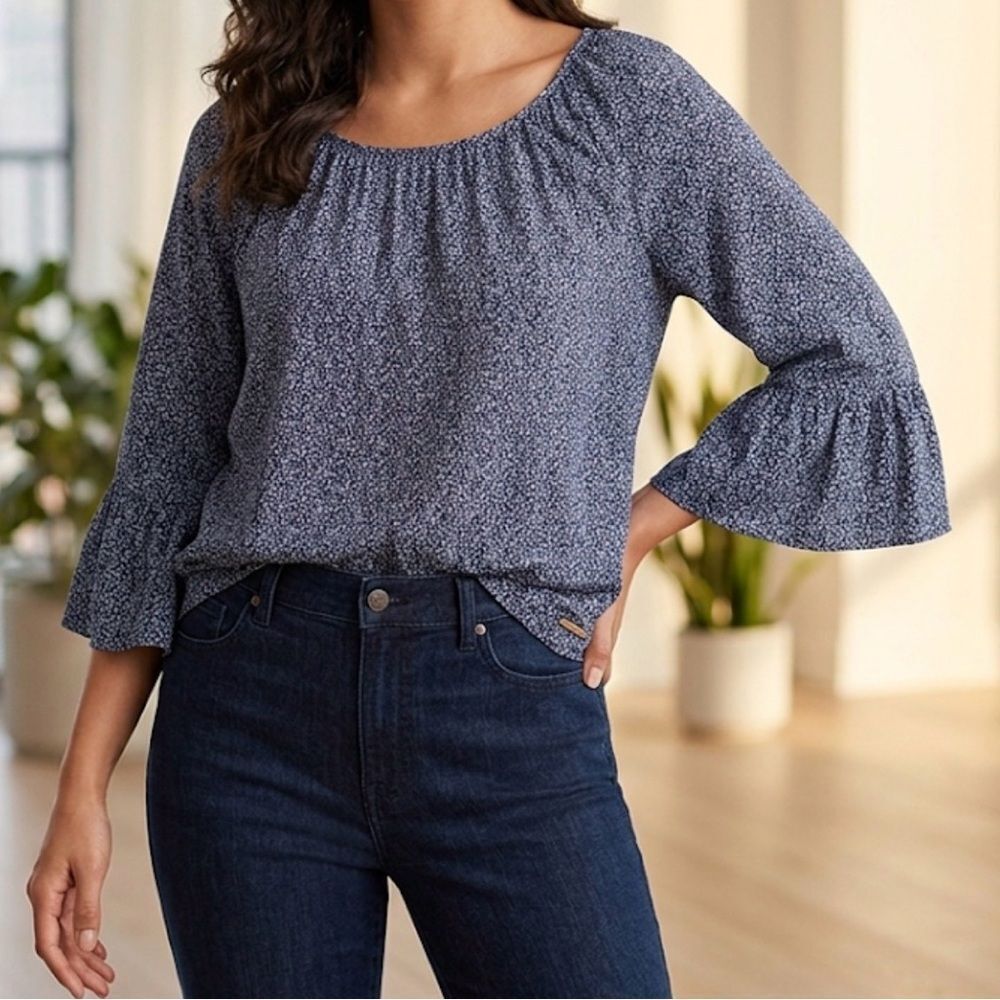 Michael Kors Navy Blue Floral Women’s Ruffle Sleeve Blouse Size XL